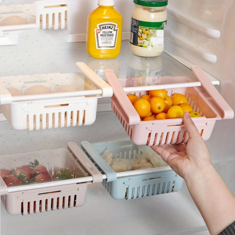 1 Piece Adjustable and Stretchable Refrigerator Storage Organizer Drawer - Made of Premium Plastic, Food-Safe Fridge Basket, Space-Saving Kitchen Organization Accessory.