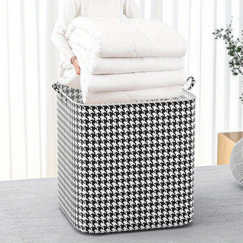 [Top Pick] Spacious Quilt Storage Bag with Zipper, Stylish Houndstooth Fabric, Ideal for Moving and Easy Hand-Carry, Includes Dustproof Clothes Organizer Box, Perfect for Quilts and Under-Bed Storage