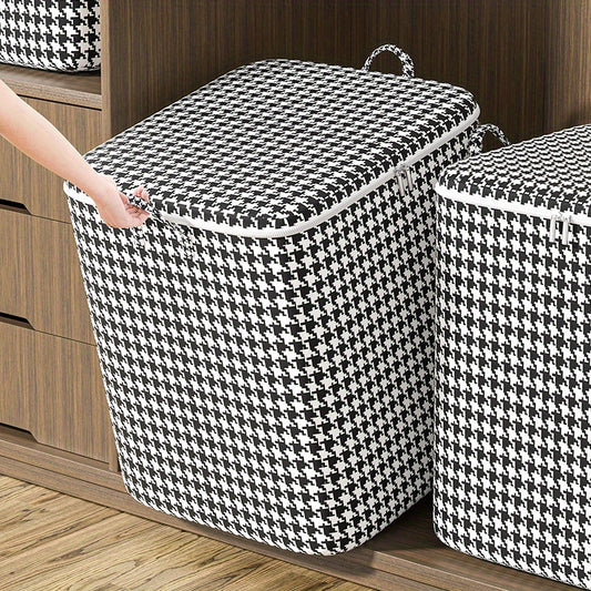 [Top Pick] Spacious Quilt Storage Bag with Zipper, Stylish Houndstooth Fabric, Ideal for Moving and Easy Hand-Carry, Includes Dustproof Clothes Organizer Box, Perfect for Quilts and Under-Bed Storage