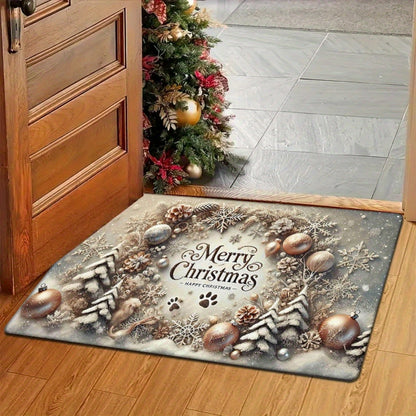 1 Christmas door mat made of 1.2cm thick flannel, featuring anti-fatigue properties and is washable. This rectangular mat is designed to be non-slip and fade-resistant, crafted from polyester with a low pile. Perfect for use in the entryway, kitchen