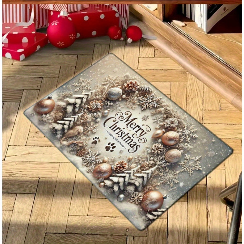 1 Christmas door mat made of 1.2cm thick flannel, featuring anti-fatigue properties and is washable. This rectangular mat is designed to be non-slip and fade-resistant, crafted from polyester with a low pile. Perfect for use in the entryway, kitchen