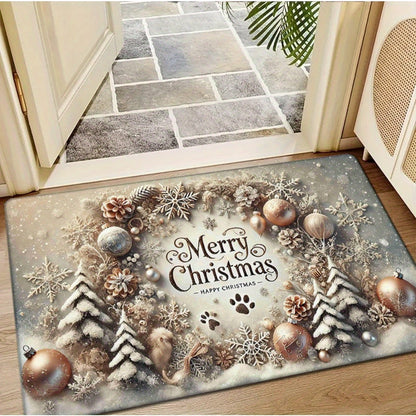 1 Christmas door mat made of 1.2cm thick flannel, featuring anti-fatigue properties and is washable. This rectangular mat is designed to be non-slip and fade-resistant, crafted from polyester with a low pile. Perfect for use in the entryway, kitchen