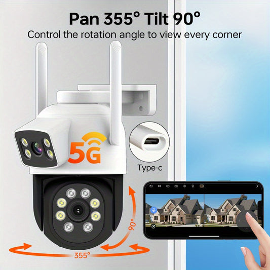 1 piece Dual Lens 2MP+2MP WiFi Security Camera, 2.4/5G Wireless CCTV with Color Night Vision, 360° View, Motion Detection, Two-Way Audio, IP65 Waterproof, Pan Tilt, USB Powered, Constructed of ABS Material, Suitable for Home Surveillance and Pet