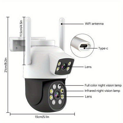 1 piece Dual Lens 2MP+2MP WiFi Security Camera, 2.4/5G Wireless CCTV with Color Night Vision, 360° View, Motion Detection, Two-Way Audio, IP65 Waterproof, Pan Tilt, USB Powered, Constructed of ABS Material, Suitable for Home Surveillance and Pet