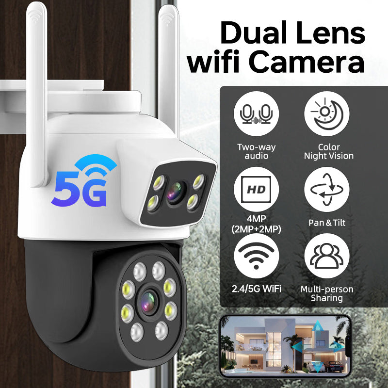 1 piece Dual Lens 2MP+2MP WiFi Security Camera, 2.4/5G Wireless CCTV with Color Night Vision, 360° View, Motion Detection, Two-Way Audio, IP65 Waterproof, Pan Tilt, USB Powered, Constructed of ABS Material, Suitable for Home Surveillance and Pet