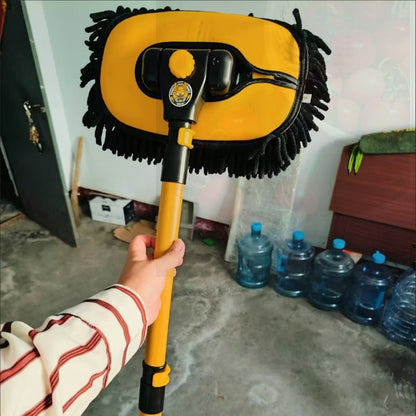 Yellow telescopic soft bristle car wash mop with aluminum handle, gentle on car surfaces, user-friendly household cleaning tool essential for every family, durable furniture accessory that won't cause any damage.