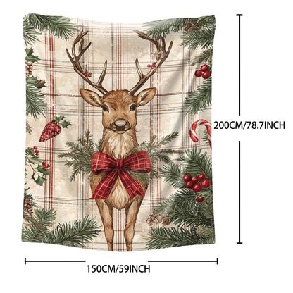 1 piece of Christmas Reindeer Flannel Throw Blanket with a Mid-Century Plaid Pattern. Made of Soft Polyester Fabric, suitable for use all year round. Features a Digital Print and Knit design, perfect for adding a cozy touch to your Home, Sofa, Bed