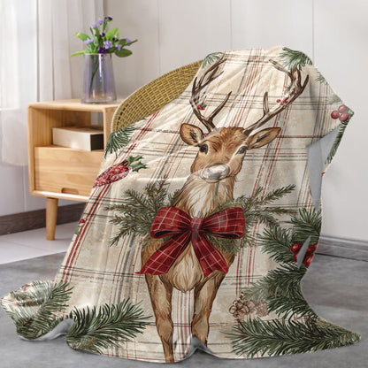 1 piece of Christmas Reindeer Flannel Throw Blanket with a Mid-Century Plaid Pattern. Made of Soft Polyester Fabric, suitable for use all year round. Features a Digital Print and Knit design, perfect for adding a cozy touch to your Home, Sofa, Bed