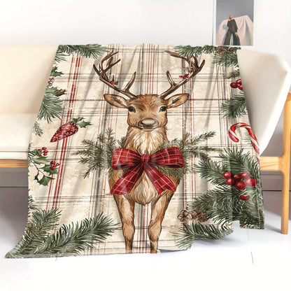 1 piece of Christmas Reindeer Flannel Throw Blanket with a Mid-Century Plaid Pattern. Made of Soft Polyester Fabric, suitable for use all year round. Features a Digital Print and Knit design, perfect for adding a cozy touch to your Home, Sofa, Bed