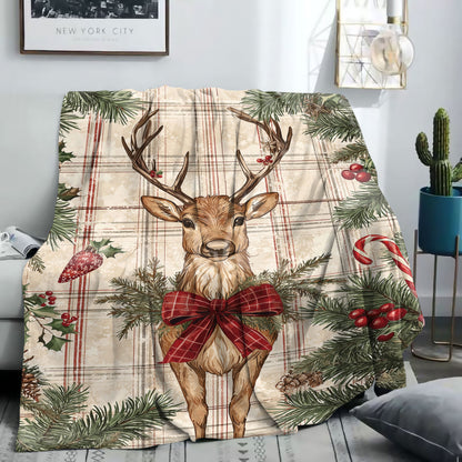 1 piece of Christmas Reindeer Flannel Throw Blanket with a Mid-Century Plaid Pattern. Made of Soft Polyester Fabric, suitable for use all year round. Features a Digital Print and Knit design, perfect for adding a cozy touch to your Home, Sofa, Bed