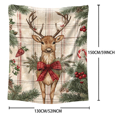 1 piece of Christmas Reindeer Flannel Throw Blanket with a Mid-Century Plaid Pattern. Made of Soft Polyester Fabric, suitable for use all year round. Features a Digital Print and Knit design, perfect for adding a cozy touch to your Home, Sofa, Bed