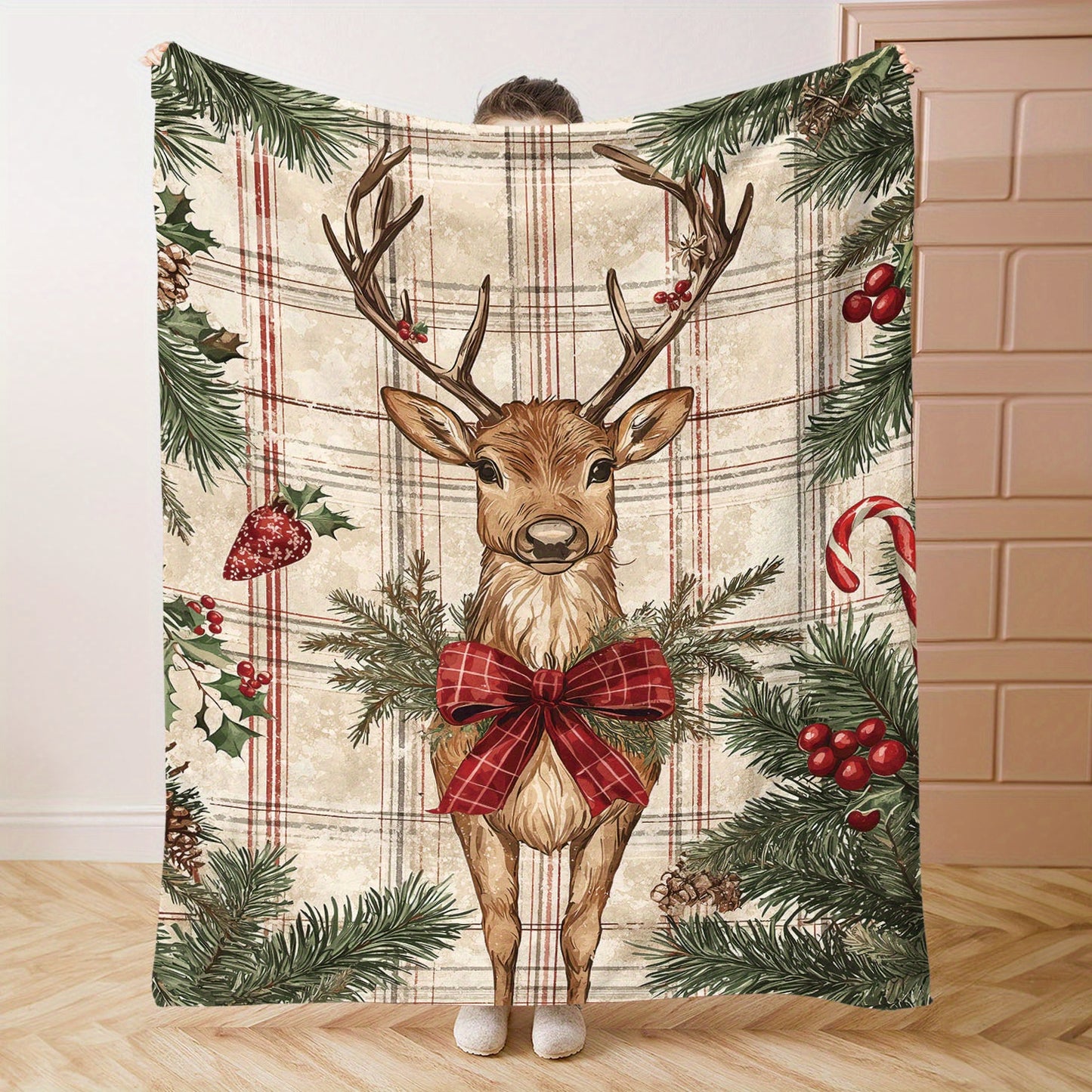 1 piece of Christmas Reindeer Flannel Throw Blanket with a Mid-Century Plaid Pattern. Made of Soft Polyester Fabric, suitable for use all year round. Features a Digital Print and Knit design, perfect for adding a cozy touch to your Home, Sofa, Bed