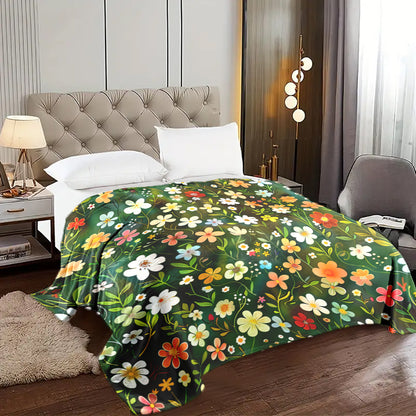 1 piece of Fashion Floral Print Blanket made from soft & warm knitted polyester fleece. Features digital print, envelope stitch, all-season use, multi-purpose functionality, and can be machine washed. Perfect for naps, camping, travel, car rides, office