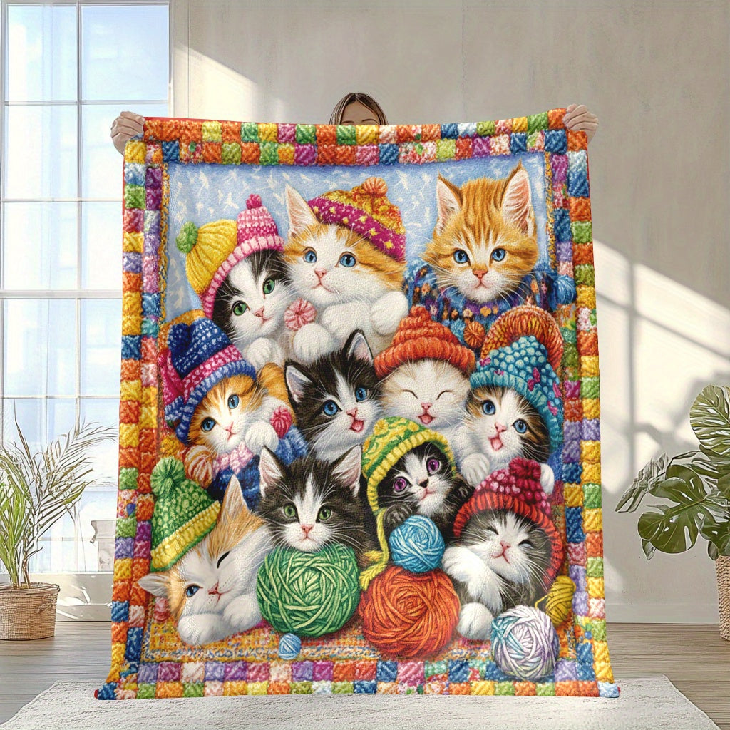 1 piece of Fashion Kitten and Yarn printed soft and warm polyester fleece blanket. This digitally printed blanket is engraved and suitable for all seasons. It is multi-purpose, machine washable, and perfect for home and office decor. Weighs 200-250 grams