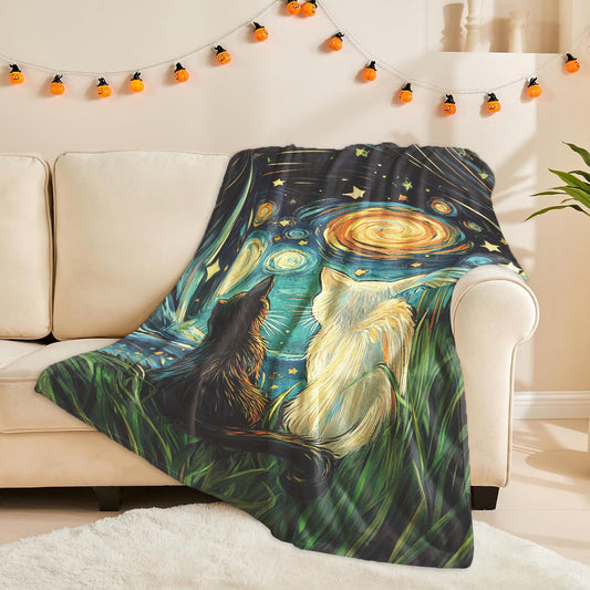 1 piece of Fashion Starry Sky Kitten Print Blanket made with soft flannel and polyester material. Features digital print, envelope stitch, and weighs between 200-250g. Suitable for all seasons, multi-use, and easy to machine wash. Perfect for home and