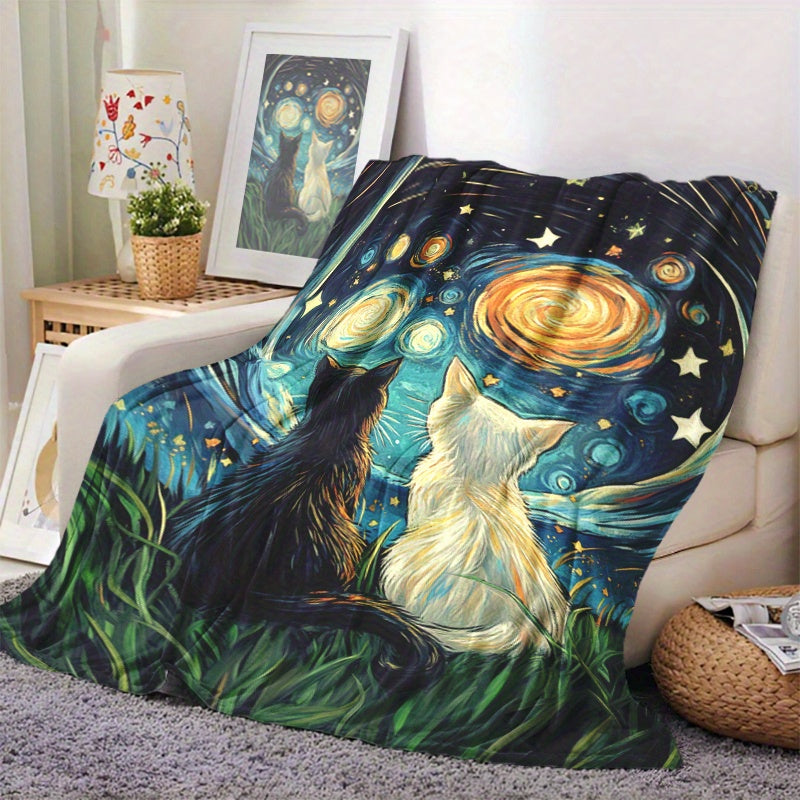 1 piece of Fashion Starry Sky Kitten Print Blanket made with soft flannel and polyester material. Features digital print, envelope stitch, and weighs between 200-250g. Suitable for all seasons, multi-use, and easy to machine wash. Perfect for home and