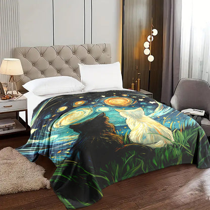 1 piece of Fashion Starry Sky Kitten Print Blanket made with soft flannel and polyester material. Features digital print, envelope stitch, and weighs between 200-250g. Suitable for all seasons, multi-use, and easy to machine wash. Perfect for home and