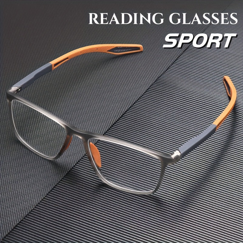 [Top Pick] GzHilovingL Sporty TR90 Reading Glasses - Lightweight, Blue Light Blocking, Stylish Smoky Gray Rectangular Frame with Orange Detail, Unisex Comfortable Fit, High Quality Optical Eyewear with Diopter Range up to +4.0, GZHILOVINGL