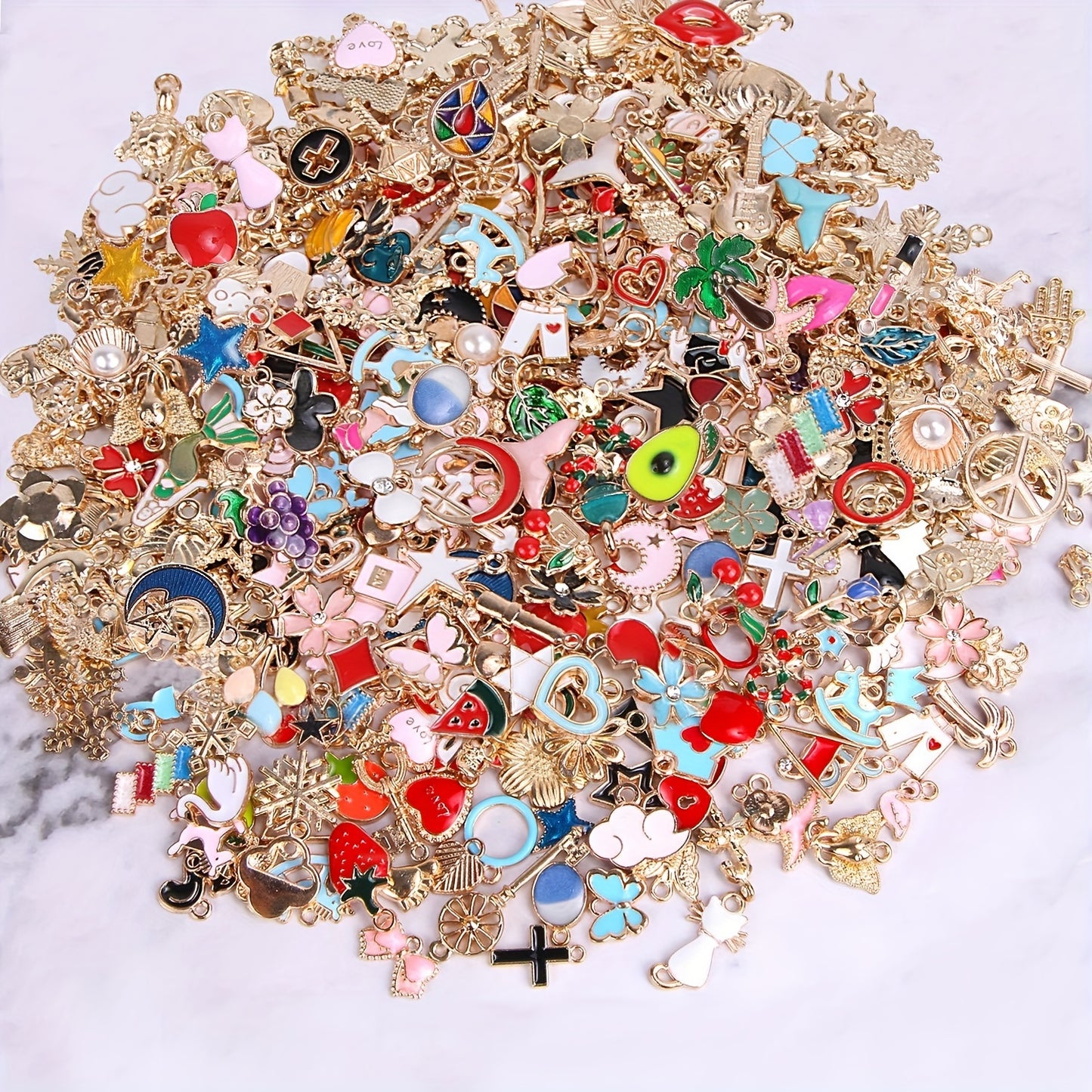 [Top Pick] 50 Vibrant Enamel Charm Collection - Variety of Gold-Plated Zinc Alloy Pendants for Creating DIY Necklaces, Bracelets & Earrings - Includes Flowers, Hearts, Animals & More, Perfect for Jewelry Making