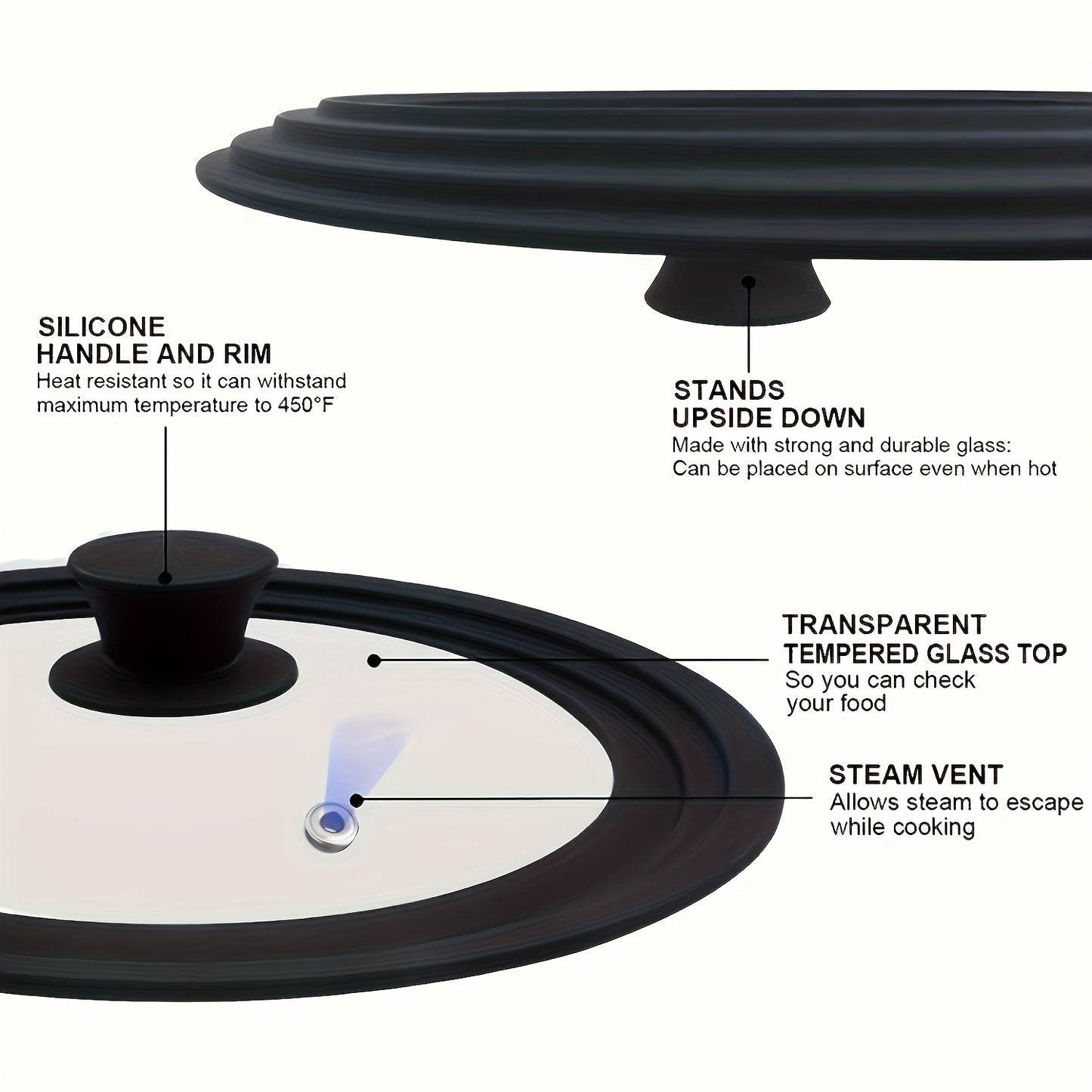 1 piece of a universal pot lid with a diameter of 33.02cm to 38.1cm. This lid is suitable for use with pots, pans, and skillets. It features a unique enlarged heat-resistant silicone rim and is made with tempered glass that is BPA-free.