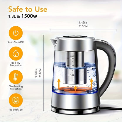 1 piece of a 1.8L Electric Glass Kettle with 12 temperature controls and up to 24 hours insulation. This electric kettle is suitable for making tea, coffee, and milk powder, and comes with a stainless steel strainer and inner lid. It can be used on a