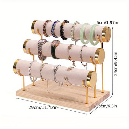 [Любимая вещь покупателей] Стильная трехъярусная подставка для браслетов в элегантном золотистом тоне с деревянной основой — идеально подходит для демонстрации ювелирных изделий, часов и аксессуаров.