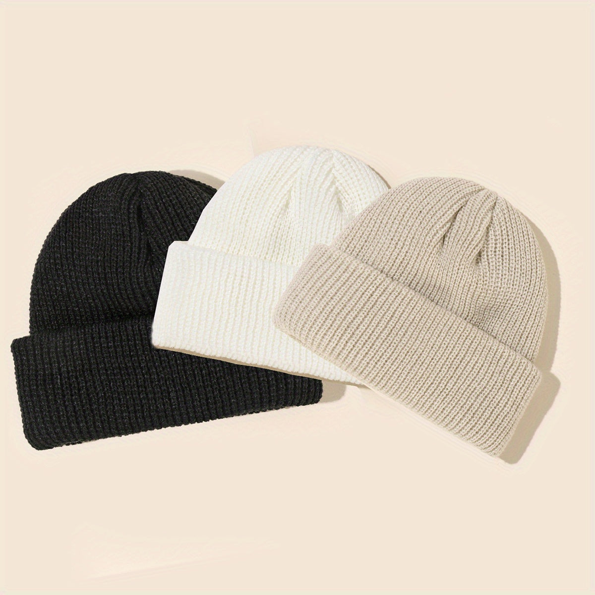 [Customer Favorite] Set of 3 Stylish Solid Color Knit Beanie Hats - Made with 100% Acrylic, Featuring Ribbed Cuffs, Stretchy & Soft Skull Caps in Classic Black, White, & Gray. Perfect for adding a touch of personality to your style!