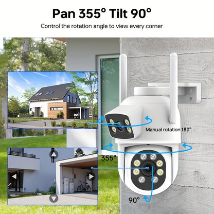 Zhxinsd 4MP WiFi Home Security Camera offers outdoor wireless connectivity, dual band support (2.4G/5GHz), color night vision, motion alerts with auto tracking, two-way audio communication, compatibility with TF & Cloud storage, pan-tilt functionality