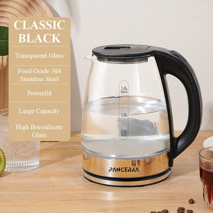 -1 piece of -PANCERKA- Electric Kettle designed for making coffee and tea. It has a 1.8L capacity and operates at 1500W. Made from durable Borosilicate Glass with an easy-to-clean wide opening. Features include an auto shut-off function, cool touch