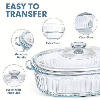 YumiPLUS Oval Glass Casserole Dish with Lid, Double Handles, Vertical Stripes - A Favorite Choice! Dishwasher Safe, Perfect for Hot and Cold Foods, Great for Steaming Fish, Salad, Pasta - Choose from 1800ml (60.8oz) or 2800ml (94.6oz) sizes, By YUMIPLUS