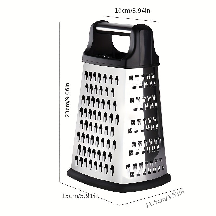 1 piece of a versatile stainless steel box grater for vegetables, cheese, ginger, garlic, and potatoes. Features a serrated shredder and slicer for various kitchen uses. A must-have kitchen tool for all your cooking needs. Perfect addition to your