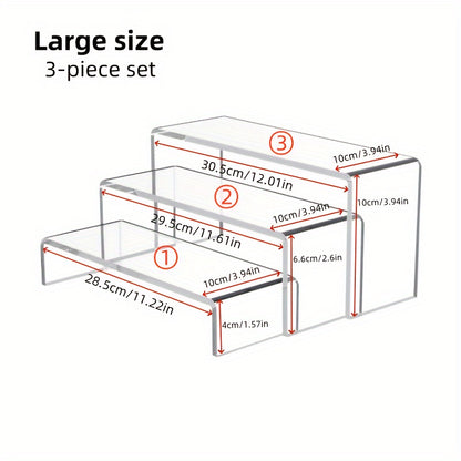 1 piece of a 3-layer, 3-piece set of transparent thickened U-shaped storage racks for dessert tables, figures, perfume storage and display. This multifunctional acrylic transparent display stand is perfect for showcasing desserts, dolls, cosmetics, and