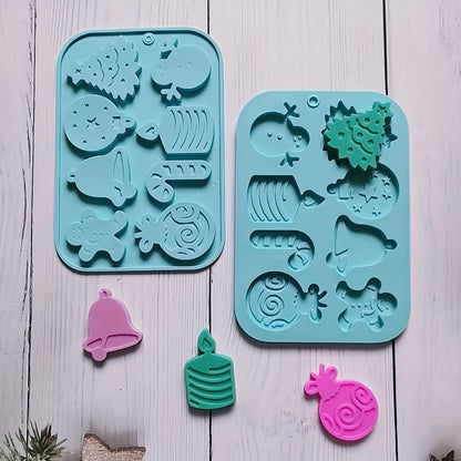 1 piece of Christmas Silicone Cookie Mold with 8 cavities, featuring shapes of Christmas tree, elk, bell, and snowman. This versatile mold can be used to make cakes, chocolates, biscuits, candies, jellies, and puddings. Perfect for creating festive