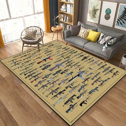 1 piece of a minimalist style rifle print area rug in various sizes (19x31, 31x47, 47x62, 62x90 inches). This washable crawling mat is perfect for high-traffic areas in the living room, bedroom, gaming room, sofa, coffee table, dormitory, holiday room