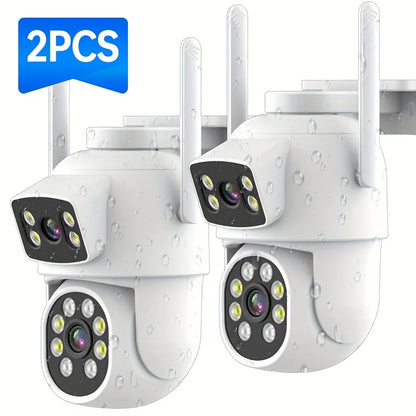 ZHXINSD WiFi Security Camera Set includes 2 cameras with dual lenses and PTZ surveillance capabilities, ideal for home security. Features include human detection, auto tracking, color night vision, two-way audio, and IP65 waterproof rating. Offers 1920p