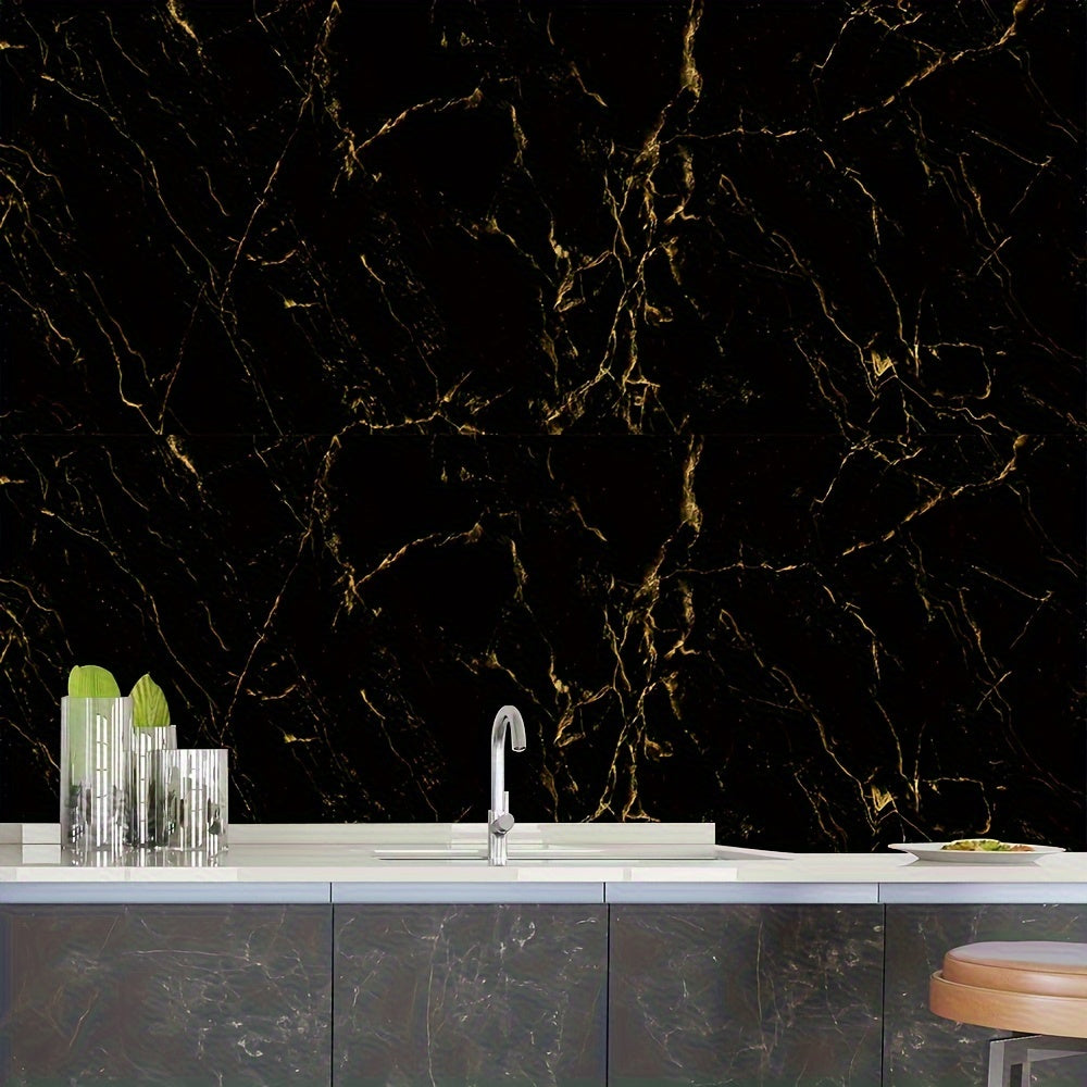 [Highly Rated] Transform your space with a roll of stylish black marble self-adhesive waterproof wallpaper. This trendy furniture renovation solution is perfect for decorating your room or kitchen. It is high temperature and oil resistant, making it