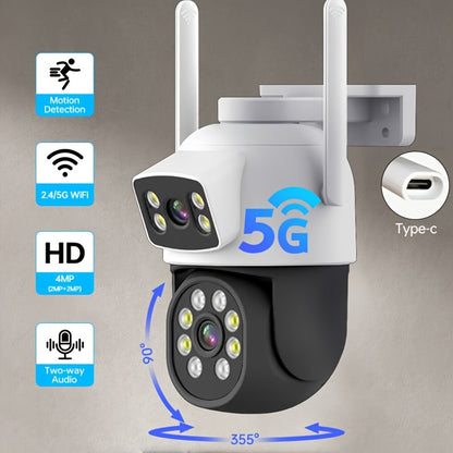 Zhxinsd Dual Lens Outdoor Security Camera features a 360° Pan Tilt, Color Night Vision with 2MP+2MP resolution, Motion Detection, 2-Way Audio, WiFi connectivity (2.4G/5GHz), and USB power option.