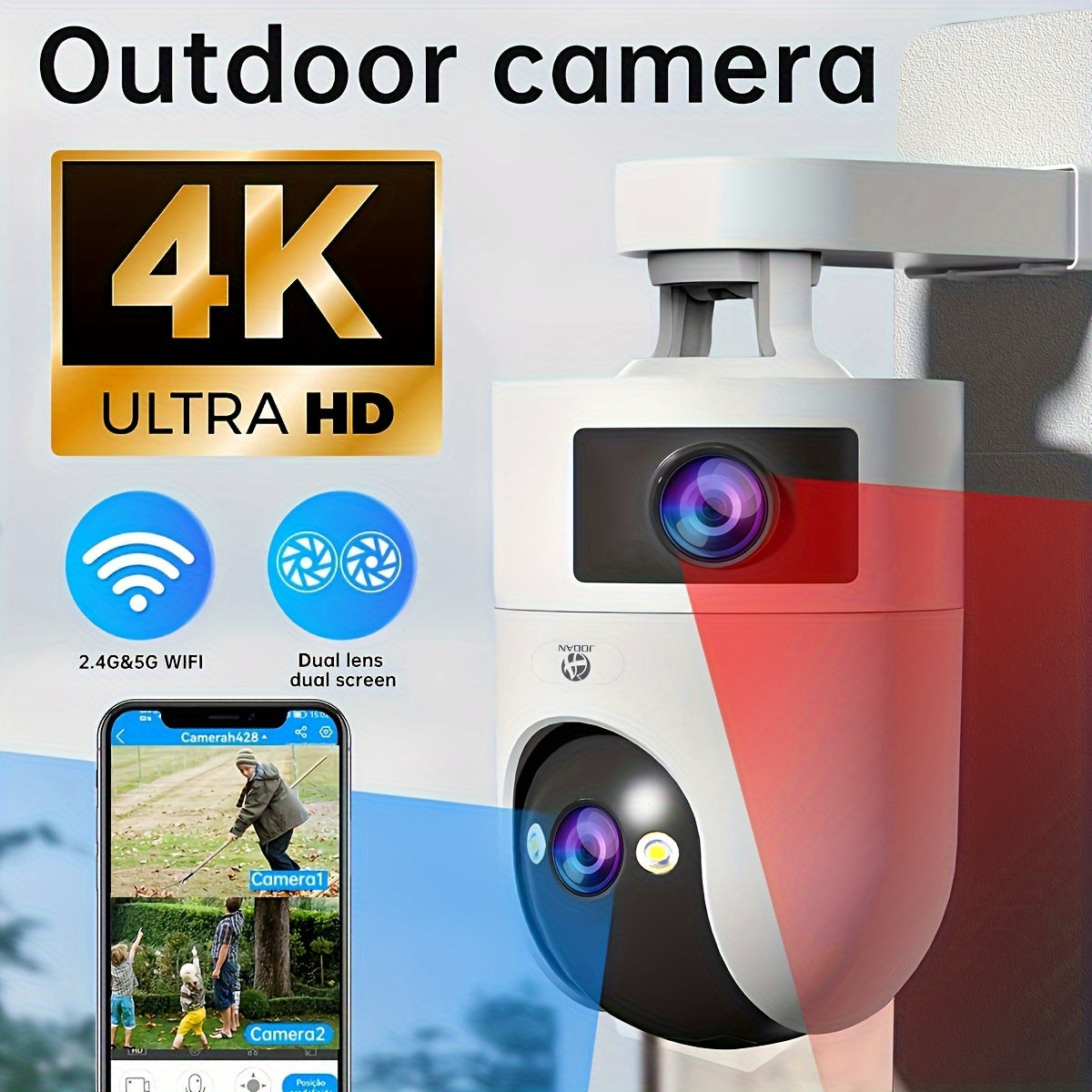 "The JOAN 4K Dual Lens Outdoor PTZ Camera features WiFi connectivity, auto tracking, and is designed for monitoring youngsters' safety and street security. It also supports dual screens for enhanced monitoring capabilities.