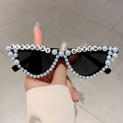 1 piece of 'Birthday Queen' Cat Eye Shaped Glasses featuring a fashionable solid color plastic frame adorned with artificial pearls. These glasses come with interchangeable lenses, making them perfect for climbing sports and birthday parties. With their