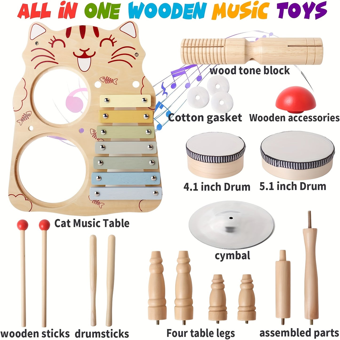 YIDIEMO Kids Drum Set with Tambourines - 10-in-1 Musical Instruments for Toddlers, Percussion Wooden Baby Toys, Developmental Early Teaching Aids, Preschool Drum Kit Xylophone for Kids - Perfect for Birthdays, Halloween, and Christmas!