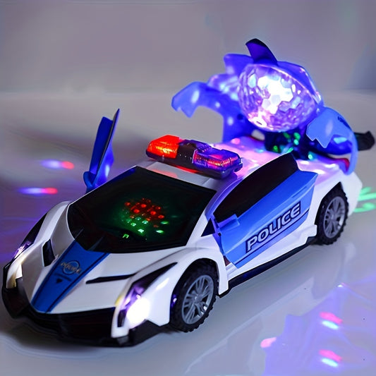 - Birthday gift for kids: 1pc Blue Police Car Toy with 360° Rotating Transformable Design
- Battery-powered toy with automatic rotary door opening
- Features electric lights, music, and safe voltage of ≤36V
- Made of plastic material, ensuring safety for