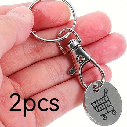 Supermarket shopping cart accessories set with hand-pushed cart, logo coin, metal token wallet, and key chain. Perfect for kitchen supplies and accessories.