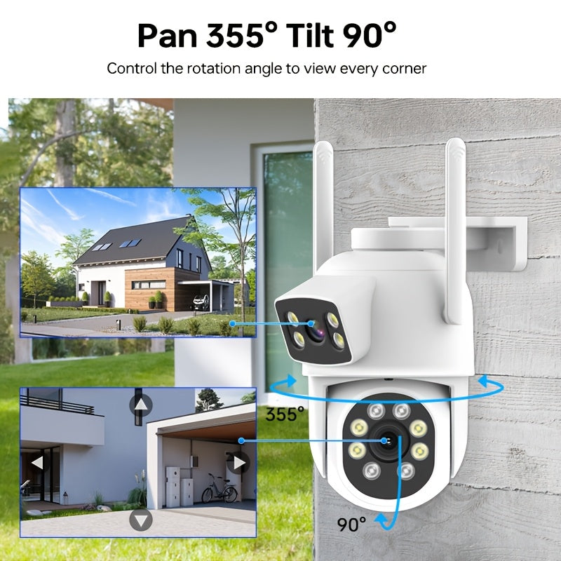 ZHXINSD WiFi Security Camera Set includes 2 cameras with dual lenses and PTZ surveillance capabilities, ideal for home security. Features include human detection, auto tracking, color night vision, two-way audio, and IP65 waterproof rating. Offers 1920p