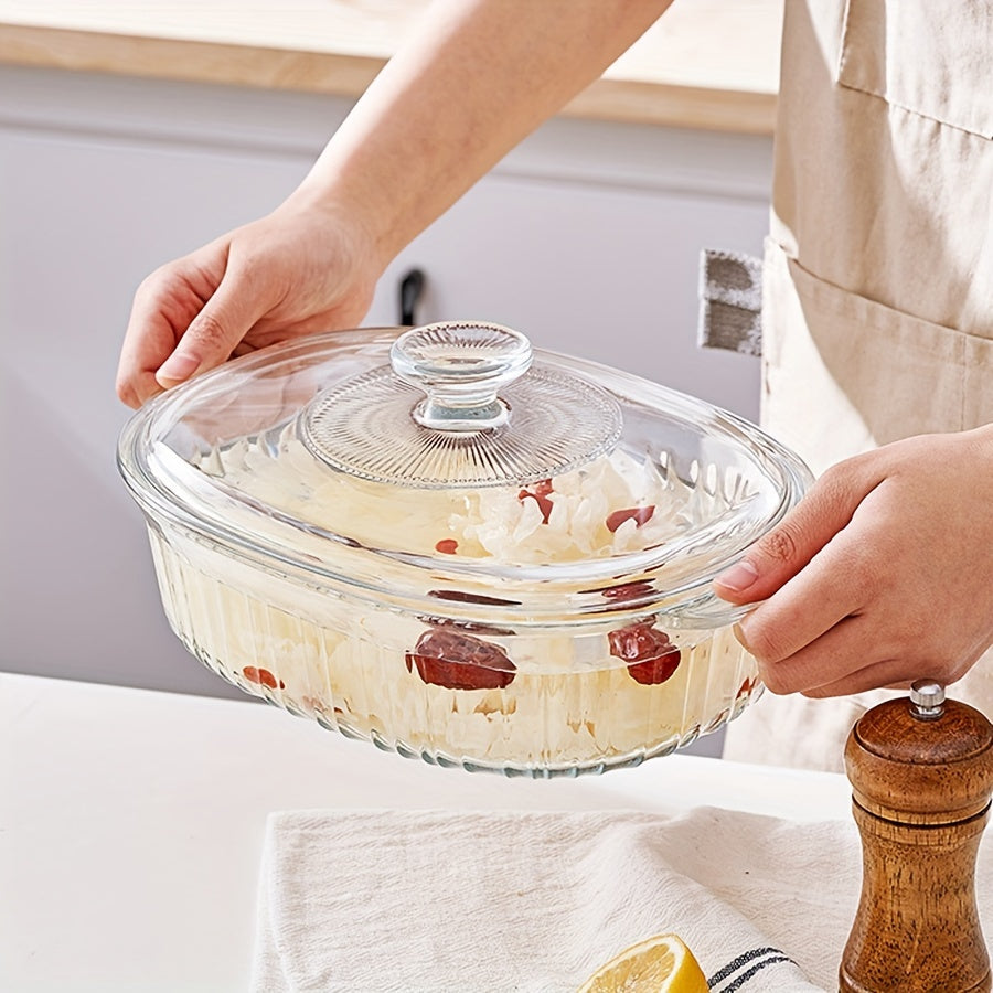 YumiPLUS Oval Glass Casserole Dish with Lid, Double Handles, Vertical Stripes - A Favorite Choice! Dishwasher Safe, Perfect for Hot and Cold Foods, Great for Steaming Fish, Salad, Pasta - Choose from 1800ml (60.8oz) or 2800ml (94.6oz) sizes, By YUMIPLUS