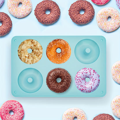 1 piece of a 6-Cavity Silicone Donut Mold for Baking, designed to withstand high temperatures. Ideal for creating large donut cakes, puddings, jellies, and chocolates. Can also be used as a DIY handmade soap, wax, or resin mold. A versatile kitchen tool