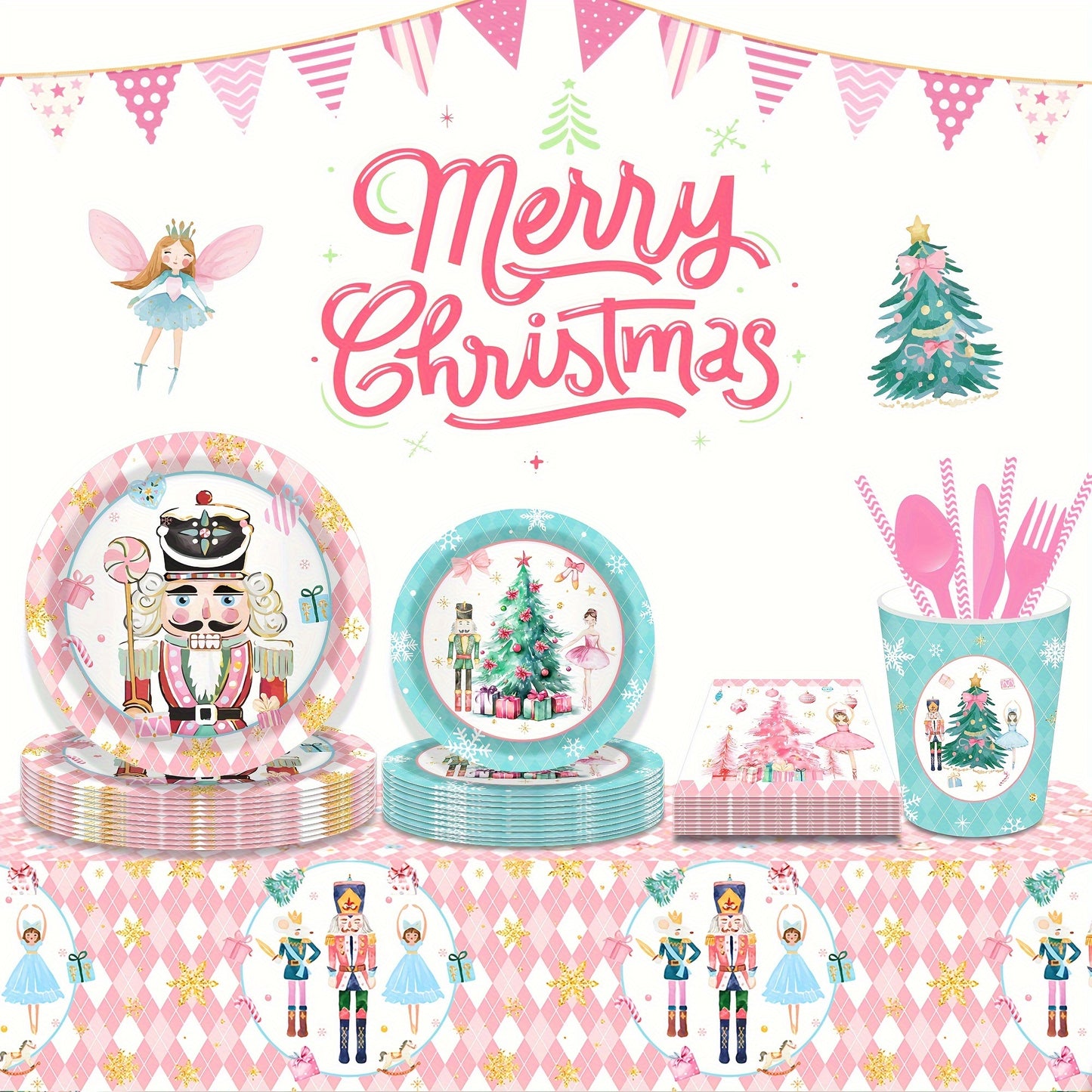 Christmas Party Supplies for Men featuring Pecan Fairy Christmas Tree Design - Complete Set with Plates, Cups and Napkins for Festive Holiday Tableware