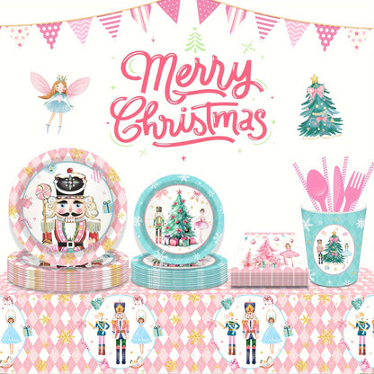 Christmas Party Supplies for Men featuring Pecan Fairy Christmas Tree Design - Complete Set with Plates, Cups and Napkins for Festive Holiday Tableware