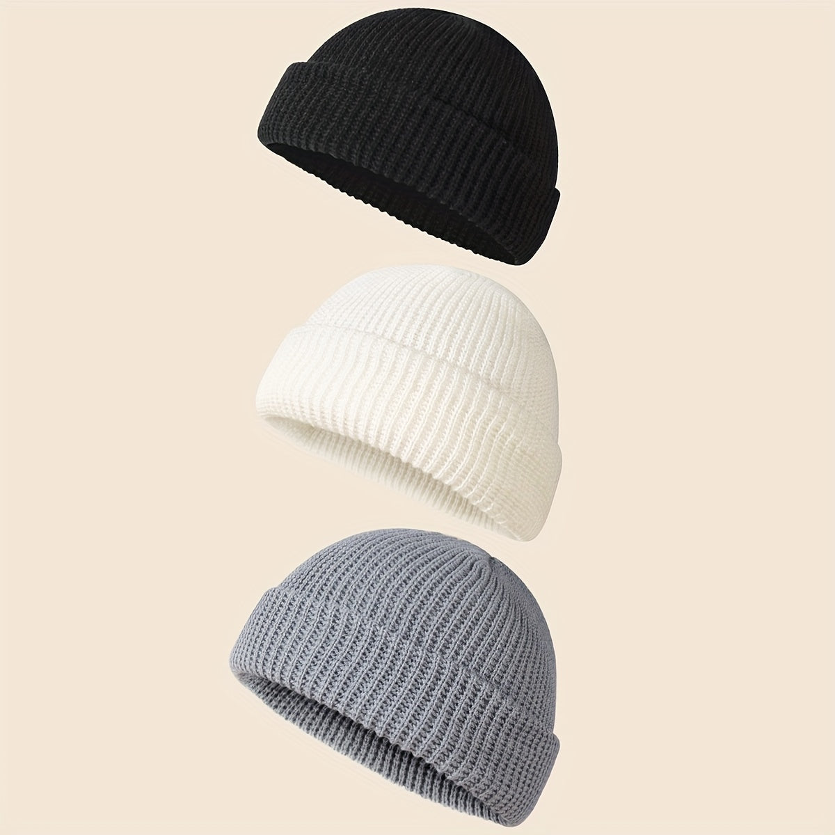 [Customer Favorite] Set of 3 Stylish Solid Color Knit Beanie Hats - Made with 100% Acrylic, Featuring Ribbed Cuffs, Stretchy & Soft Skull Caps in Classic Black, White, & Gray. Perfect for adding a touch of personality to your style!