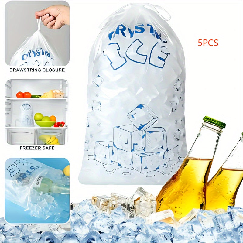 Set of 5 Reusable Crystal Ice Bags, Each Bag Holds 4.54KG, Durable and Leak-Proof Freezer Bags, BPA-Free with Drawstring, Ideal for Coolers, Home Kitchen, Restaurant Storage, and Party Use