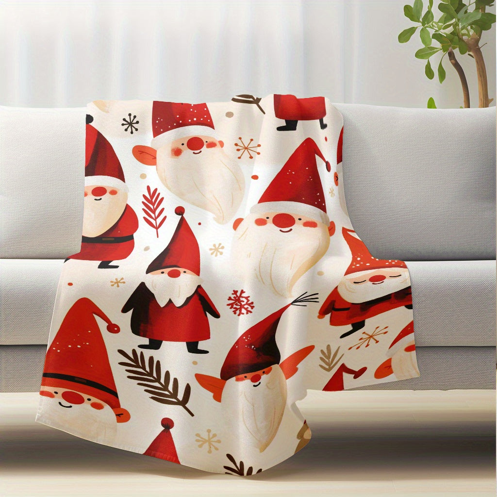 1 piece of Christmas Santa & Gnome Patterned Soft Warm Flannel Lightweight Plush Throw Blanket that is washable and multifunctional for use on the sofa, home, office, camping, and travel. This contemporary style blanket is durable and designed for